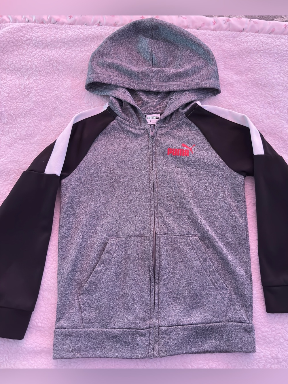Puma Grey Zip-Up Hoodie with Black Sleeves and White Shoulder Stripes